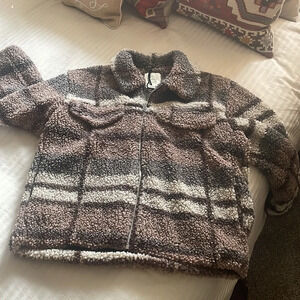 Stoosh Mocha Fleece Plaid Sherpa like Jacket L